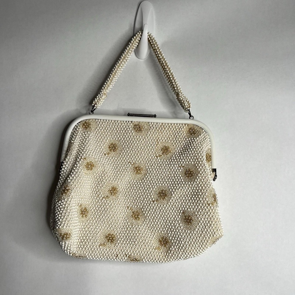 Lumured Corde Vintage Handbag Gold Off White‎ Bead Gold Hardware Antique Purse